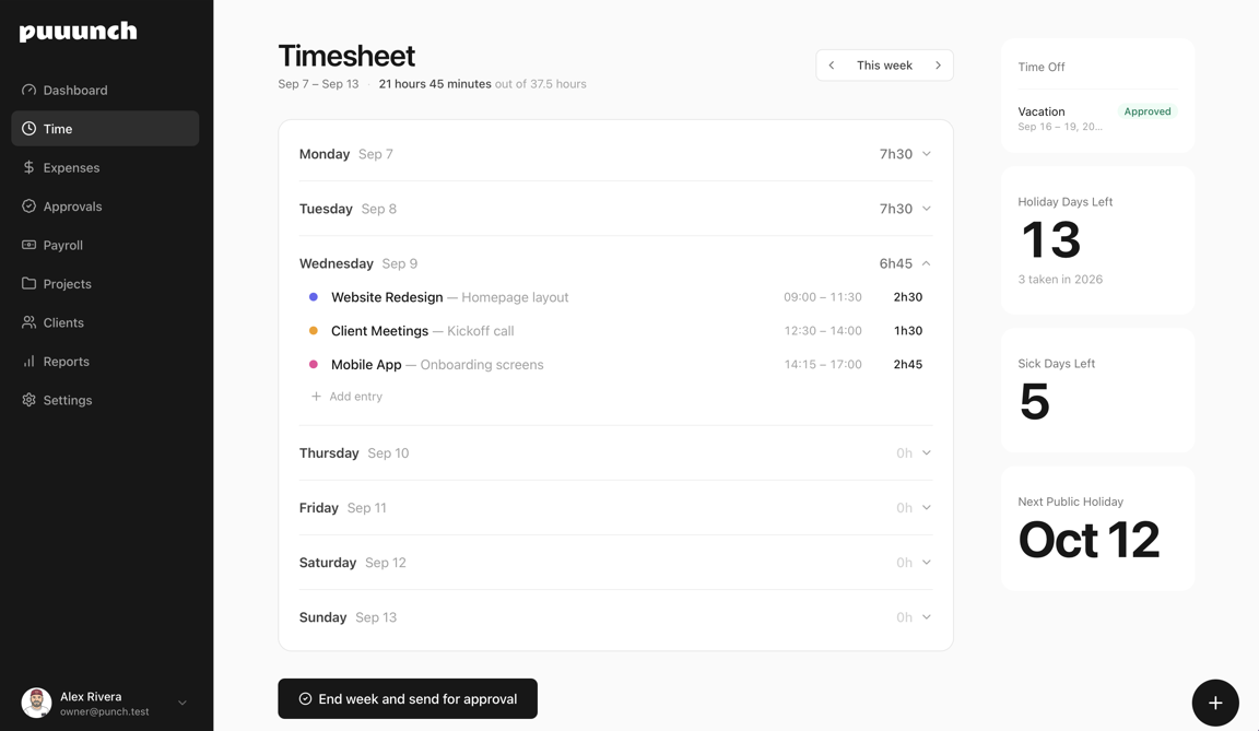 The Puuunch timesheet: a week of hours logged by project, with today expanded.