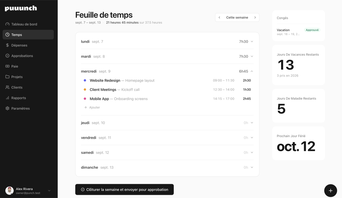 La feuille de temps Puuunch : une semaine d’heures saisies par projet, avec la journée d’aujourd’hui déployée.